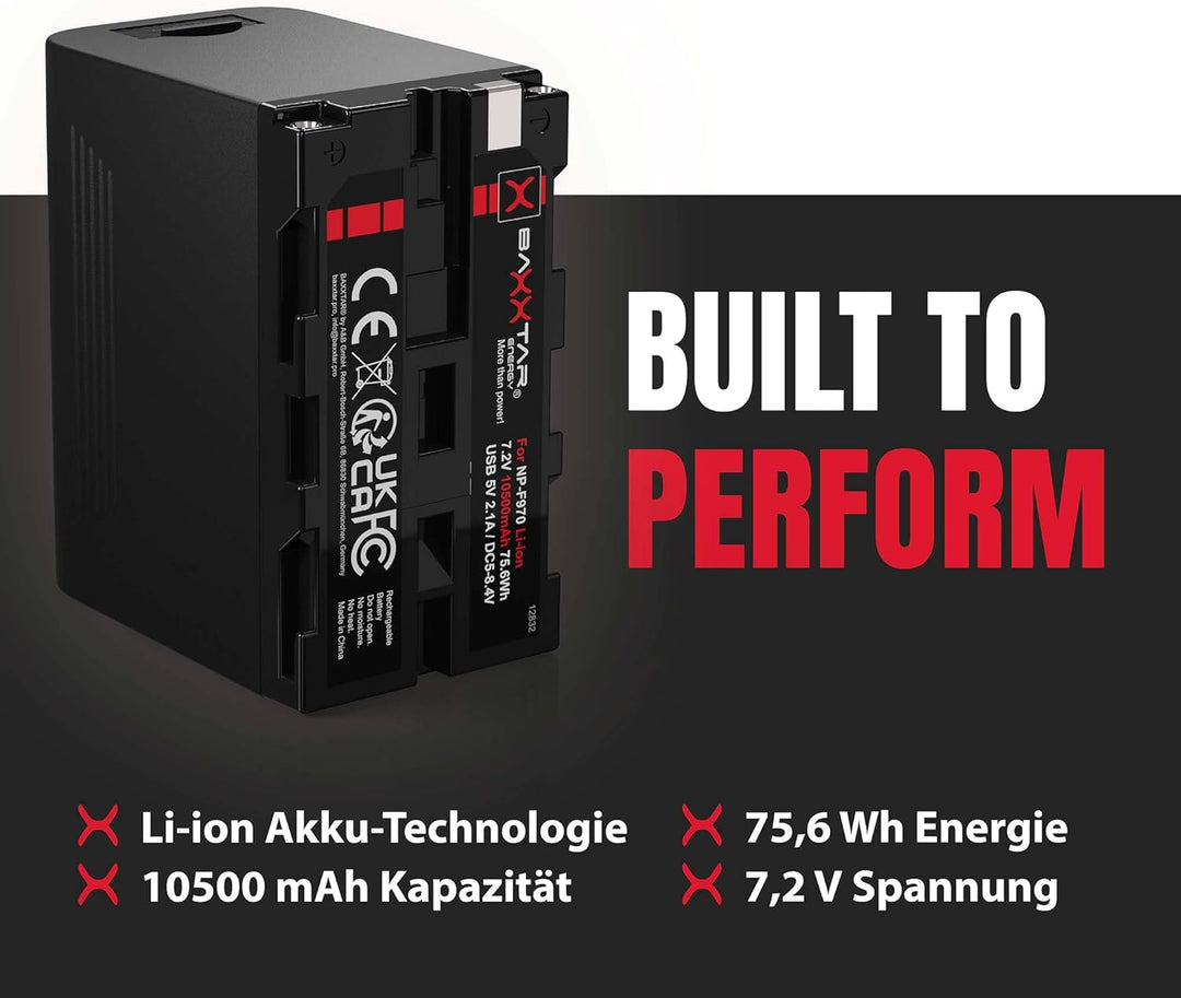 Baxxtar PRO 2X Akku NP-F970 Plus (Black Series/10500mAh) - LG Cells Inside - mit Powerbank Funktion