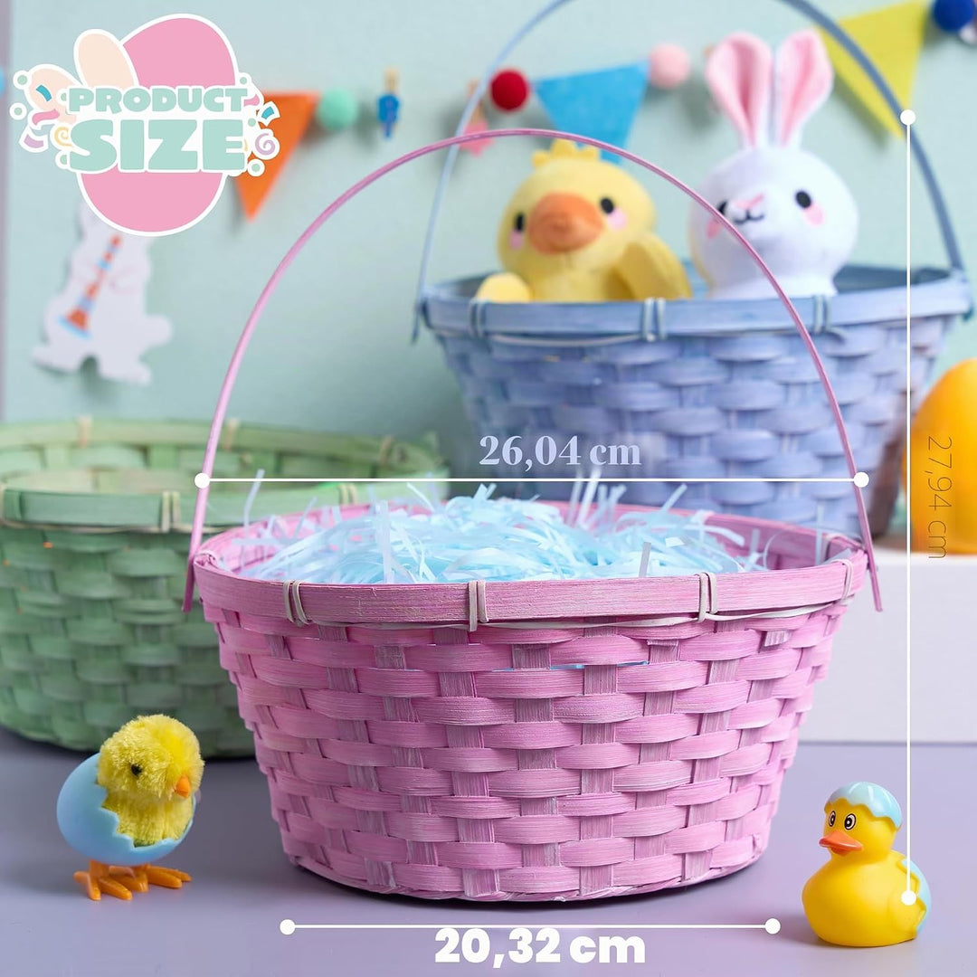 JOYIN 3 Stück Oster-Bambuskörbe, blau, rosa, grün, rund, gewebter Goodie-Korb mit klappbarem Griff,