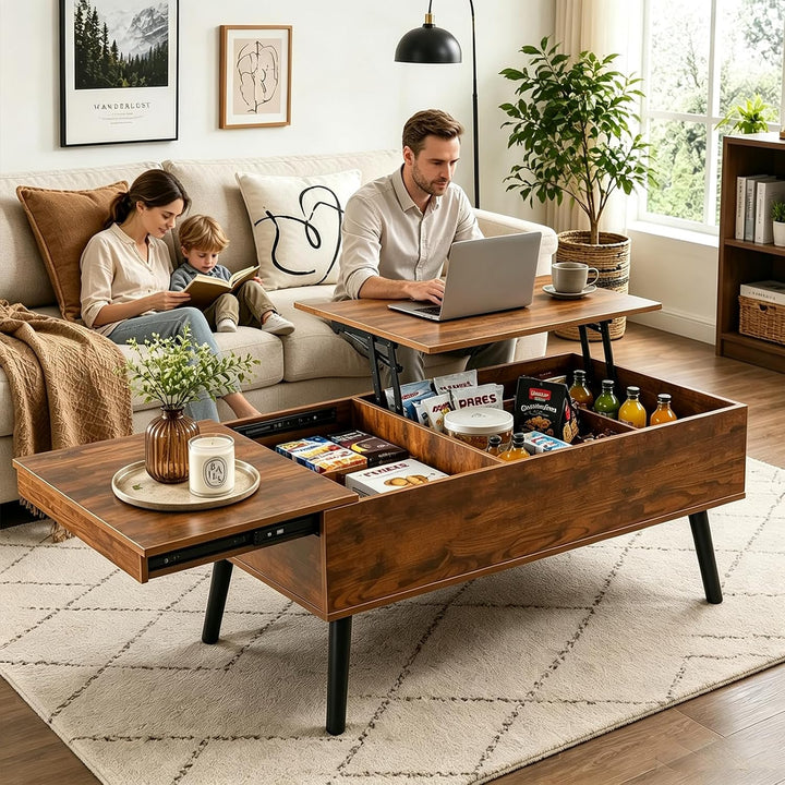 JanflyHome Couchtisch Höhenverstellbar, Couchtisch mit Stauraum, Schiebeplatte, 2 Separates Versteck