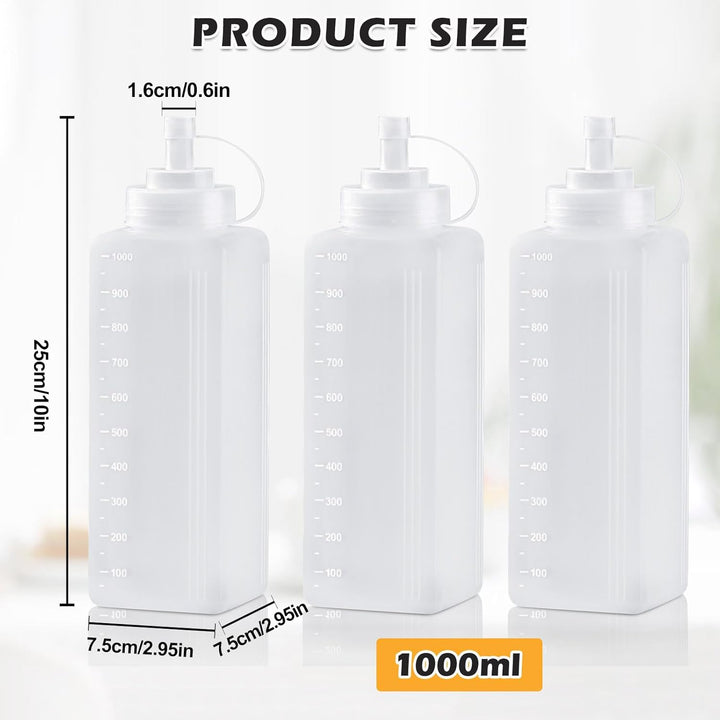 3 Stück Squeeze Flasche, 1000ml Quetschflasche mit Kappen, Squeeze Condiment Flaschen, Dosierflasche
