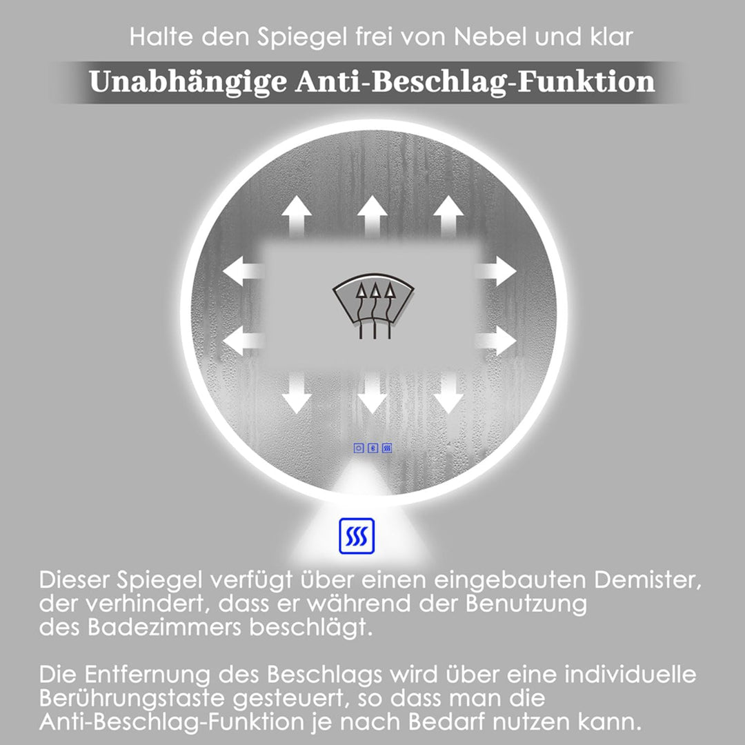 Finmrys Badspiegel mit Beleuchtung Rund 60 cm mit Bluetooth-Lautsprecher und Touch-Schalter Beschlag