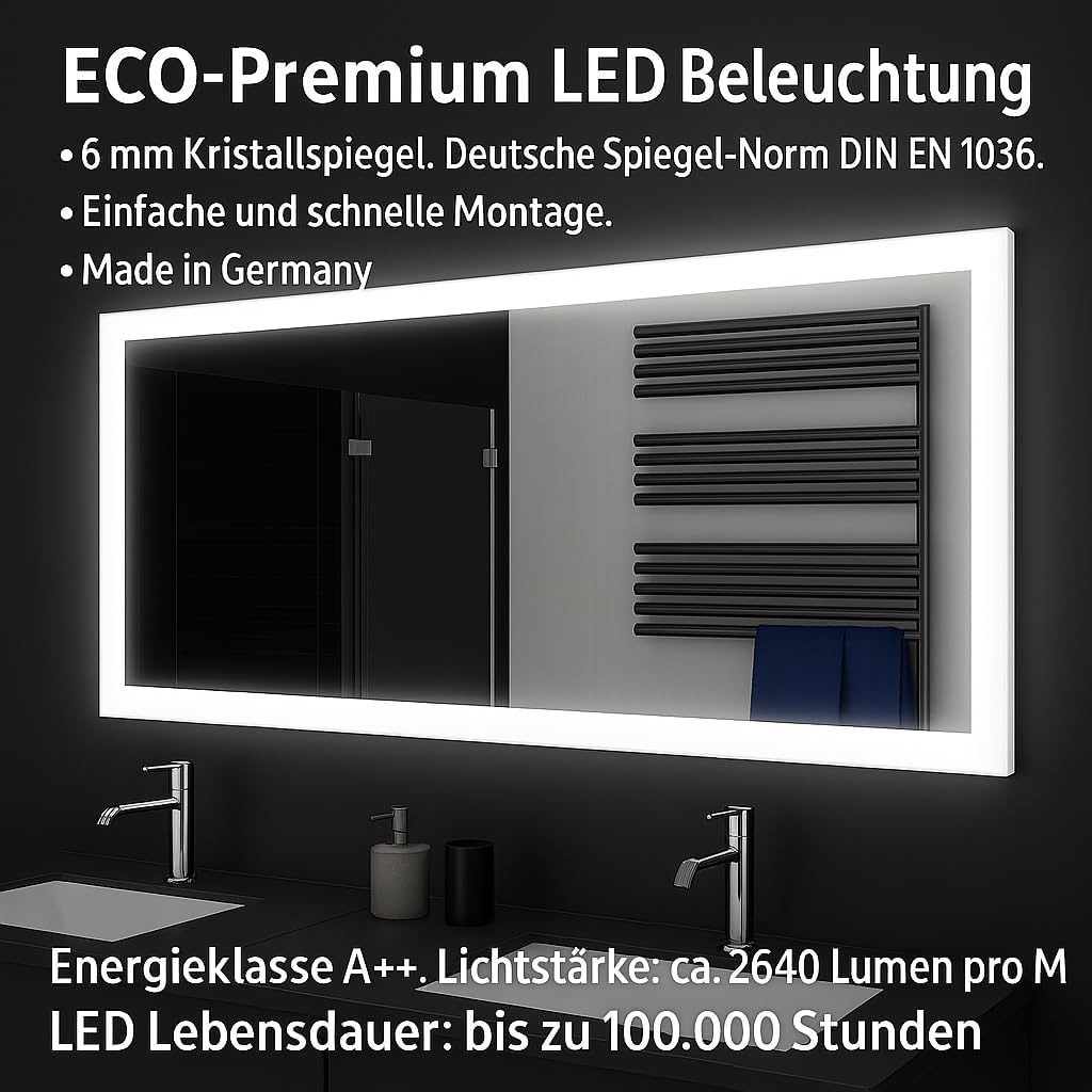 SARAR | LED Badspiegel Sete mit LED-Beleuchtung, eckiger Wandspiegel mit rundum Beleuchtung, Leuchts