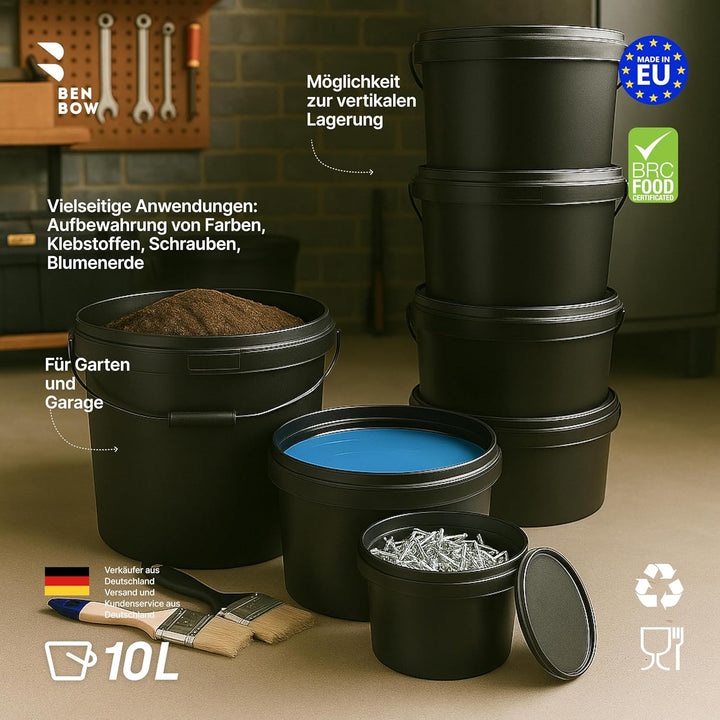 BenBow Eimer mit Deckel 10l Schwarz 20x 10 Liter - lebensmittelecht, stabil, luftdicht, auslaufsiche