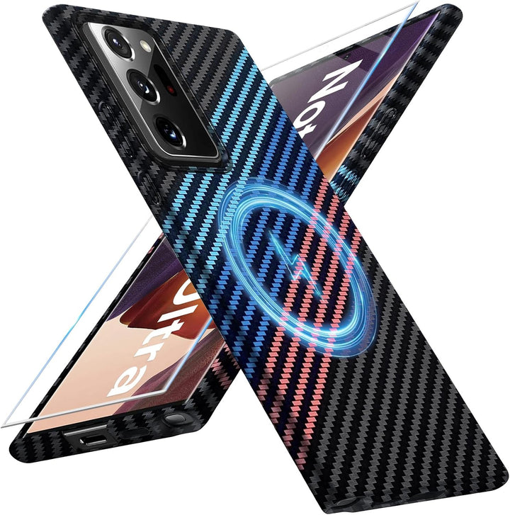 für Samsung Galaxy Note 20 Ultra Hülle Magnetisch mit Panzerglas, Carbonfaser Optik Handyhülle, Stos