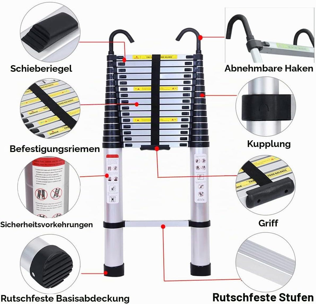 Teleskopleiter 6.2m mit Haken, Alu Klappleiter Ausziehbar Rutschfester Lange Mehrzweckleiter für Dac