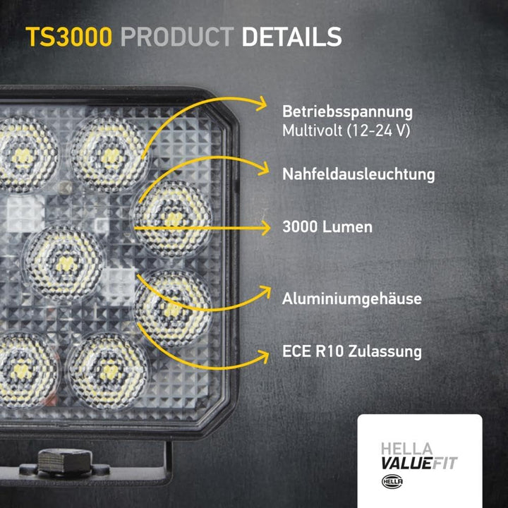 HELLA Valuefit TS3000 LED Arbeitsscheinwerfer 12V - 24V 3000 echte Lumen Nahfeldausleuchtung starke