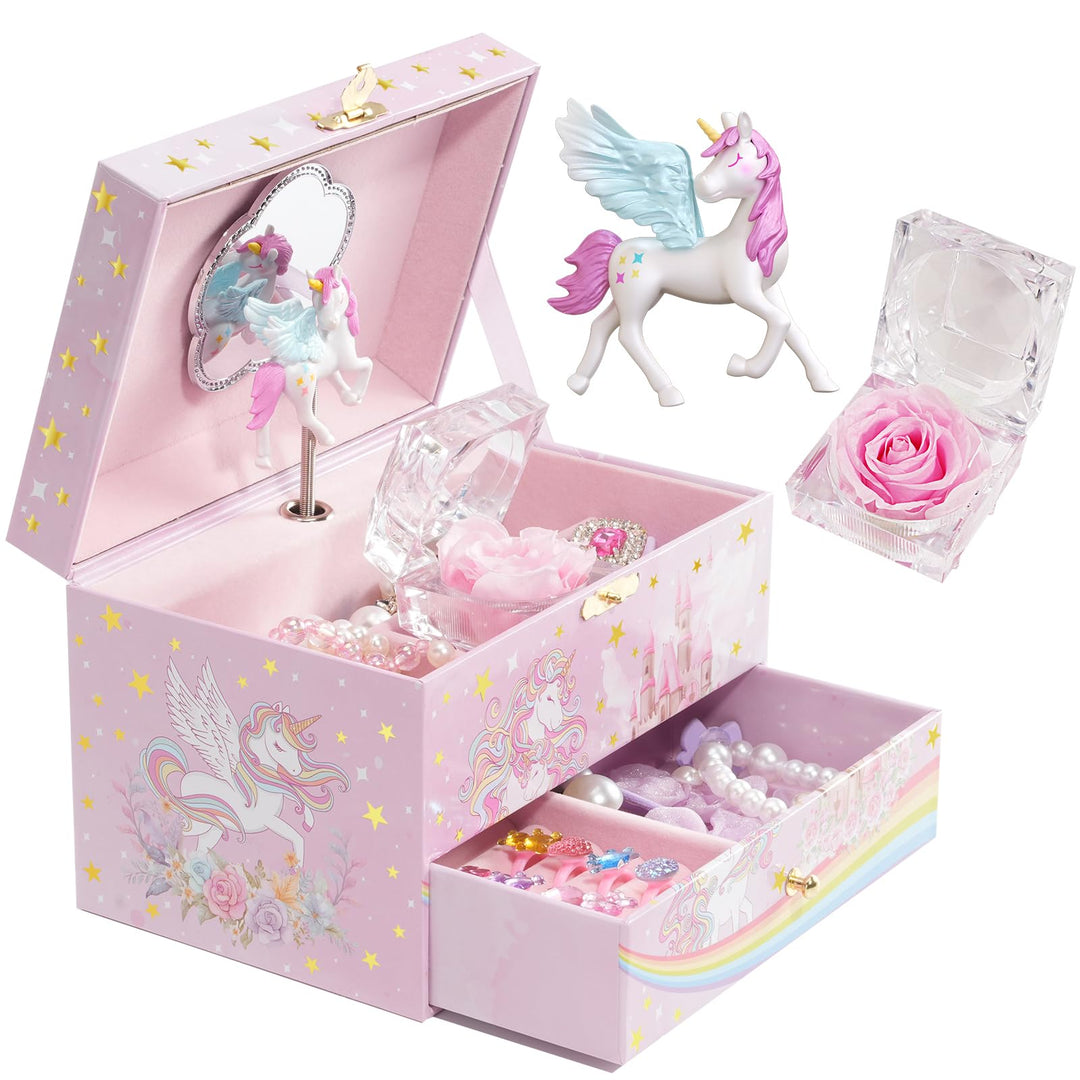 ProCase Kinder Musik Box Schmuckkästchen mit Spieluhr Einhorn &amp; Konservierte Blumen, Schmuckschatull