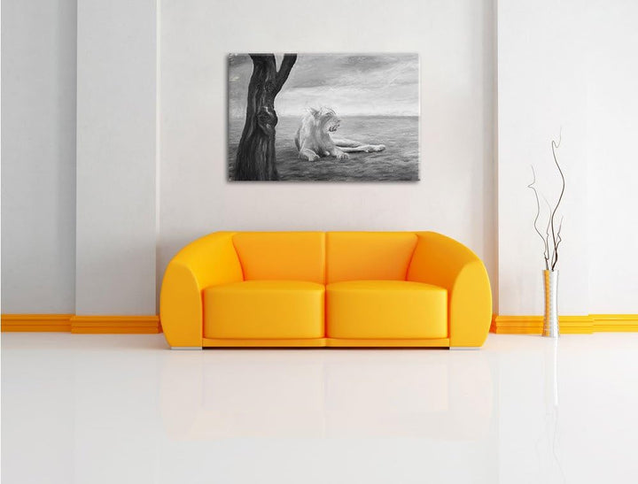 Pixxprint Löwin Ruhe Savanne Kunst als Leinwandbild/Grösse: 100x70 cm/Wandbild/Kunstdruck/fertig bes