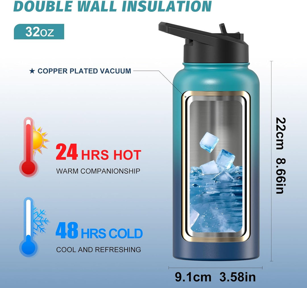 WATERSY Isolierte Edelstahl Trinkflasche 32oz Vakuumisolierte Thermosflasche mit 2 Deckel Auslaufsic