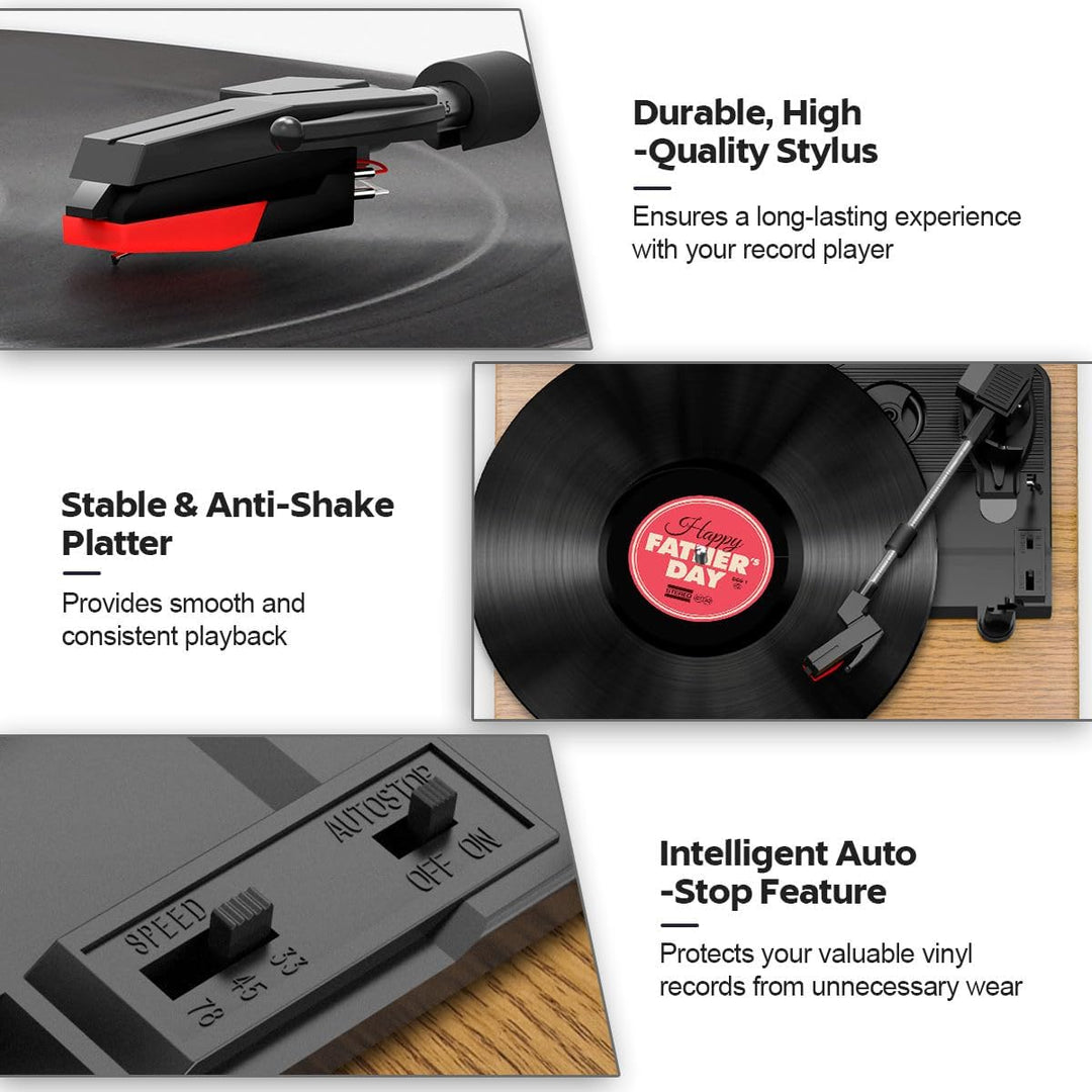 FYDEE Plattenspieler, Bluetooth 5.4 Schallplattenspieler mit Einstellbarer Auflagekraft, 2x3W Stereo