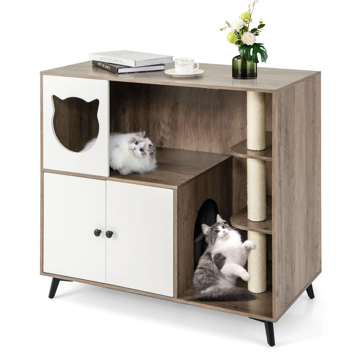 COSTWAY Katzenklo Schrank mit Kratzbaum, Katzenschrank für Katzentoilette mit Katzenhaus, Eingang, 2