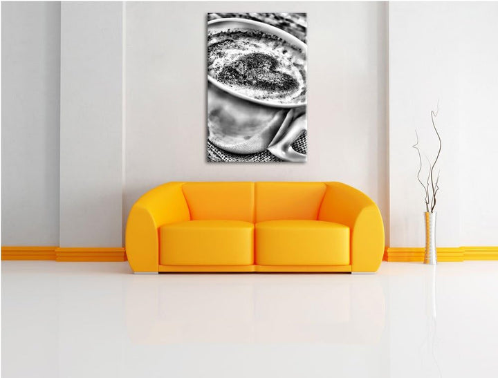 Monocrome, Kaffe mit Herz, Format: 100x70 auf Leinwand, XXL riesige Bilder fertig gerahmt mit Keilra