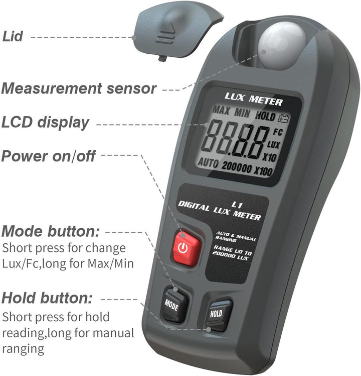 Digitales Beleuchtungsstärke-Belichtungsmessgerät mit LCD-Display, 0~200.000 Lux-Messbereich, Lux/FC