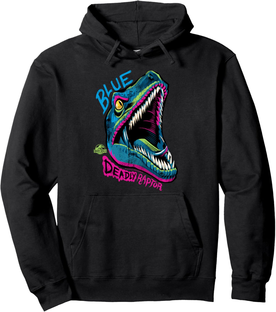 Jurassic World Neon Blue Deadly Raptor 90’s style Pullover Hoodie
