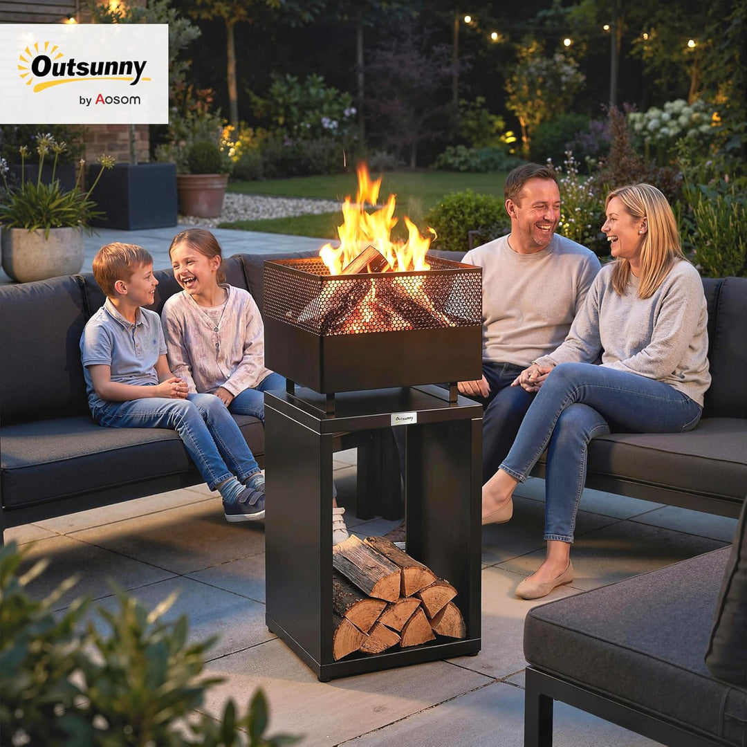 Outsunny Feuerschale 39 x 39 x 87 cm Feuerstelle mit Holzlager Kohlegitter verstellbaren Füssen, Feu
