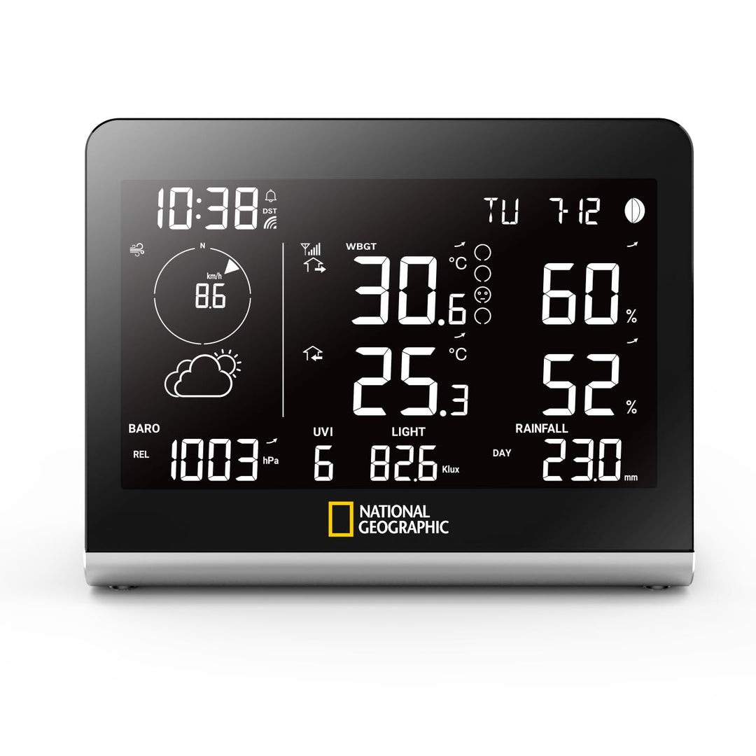 National Geographic Funkwetterstation SC mit 8-in-1-Aussensensor, Farbwechsel-Display, Temperatur, L