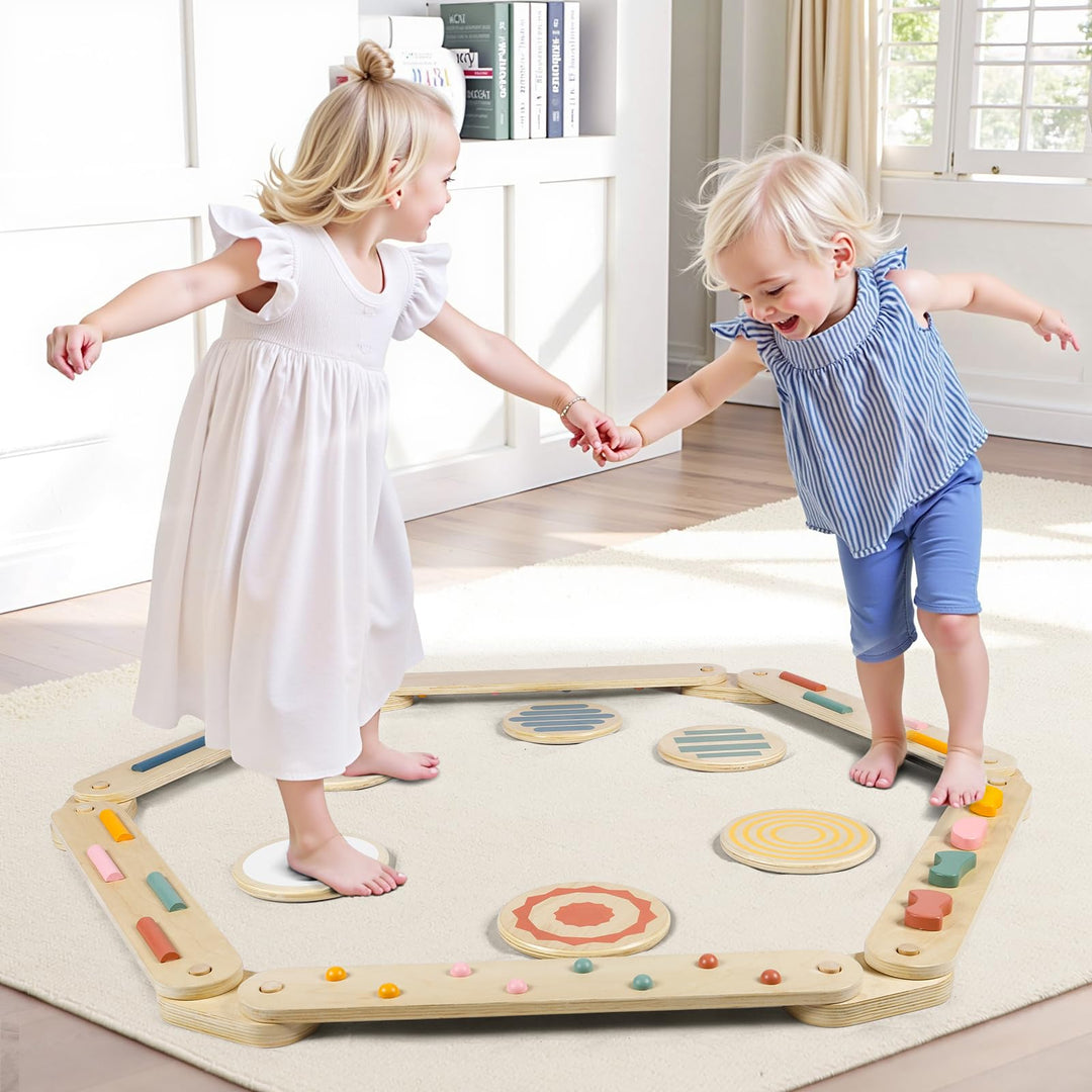 Holz Schwebebalken mit Balanciersteinen Kinder Montessori Balance Board Kleinkind Sensorik Matten Mo