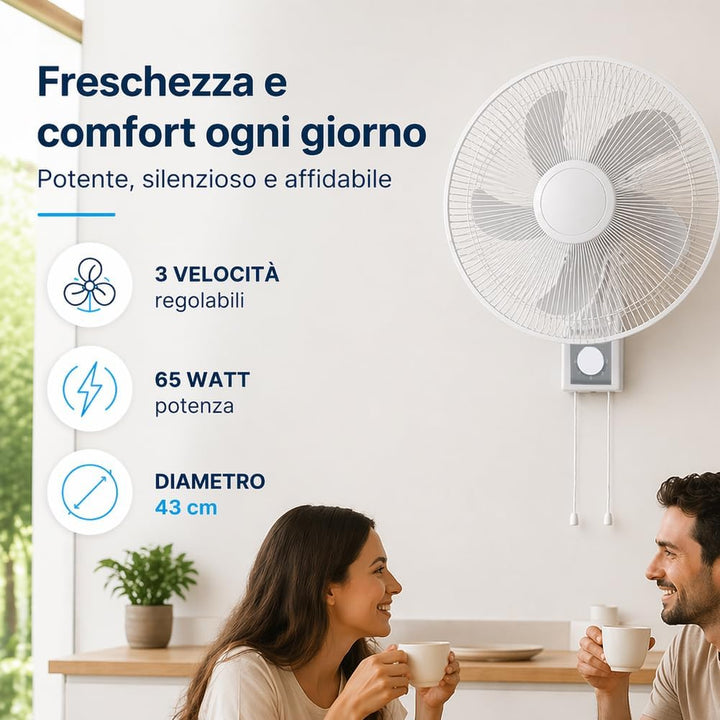 BAKAJI Wandventilator mit Gitter 43 cm, 5 Flügel, 3 wählbare Geschwindigkeitsstufen, 65 Watt Leistun