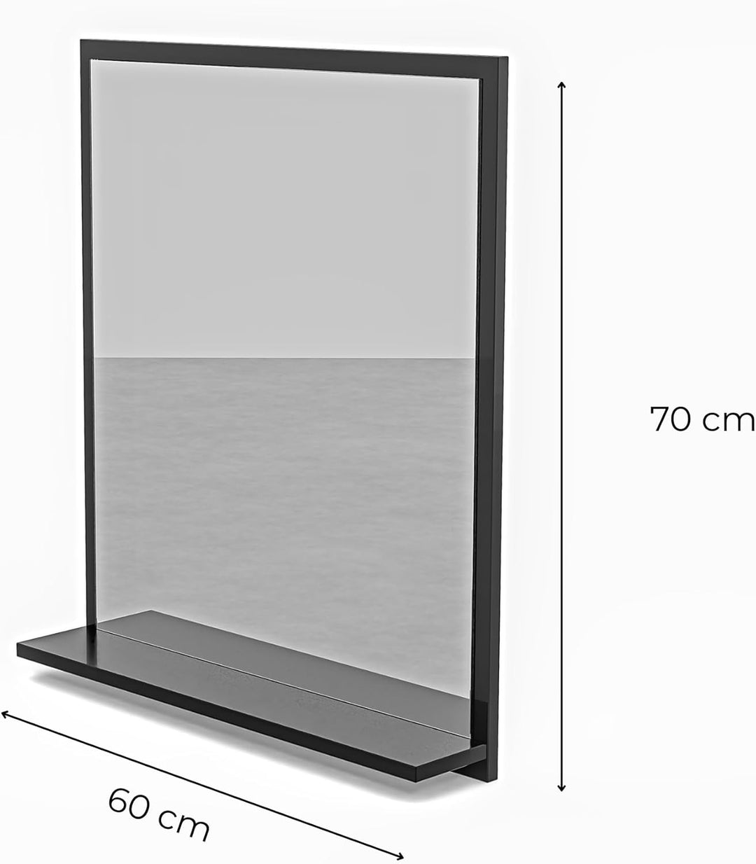 Badspiegel mit Ablage Schwarz - H:70 x B: 60 cm - Bathroom Mirror - Moderner Badezimmer Spiegel Rech