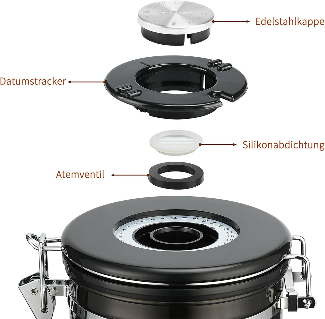 1200 ml luftdichter Edelstahl-Kaffeedose (400–600 g), Kaffeebehälter mit Datums-Tracker-Deckel Kupfe