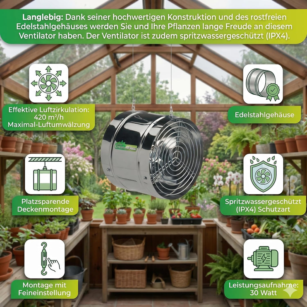 Bio Green Ventilator, 31W, 460 qm/h für Gewächshaus und Wintergarten, IP X4 spritzwassergeschützt, E