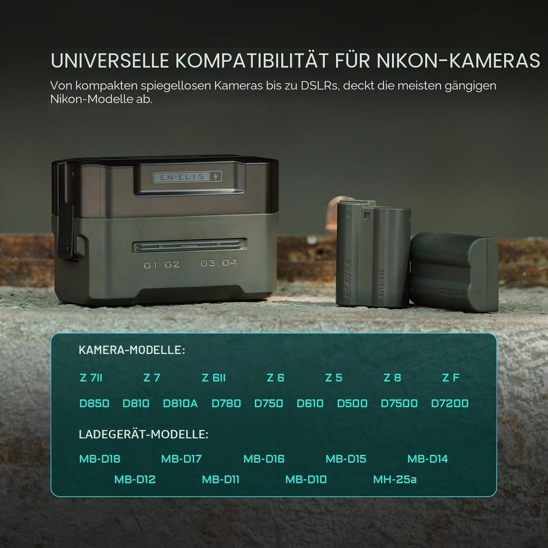 EN-EL15C Ersatzakku- und Ladegerät-Set, 2er-Pack 2400-mAh-Akkus und Vierkanal-USB-C-PD-Schnellladege