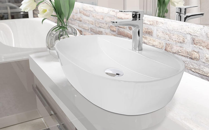 VBChome Waschbecken 50 x 38 cm Keramik Weiss Oval Pop-up ventil Click-Clack Waschtisch Handwaschbeck