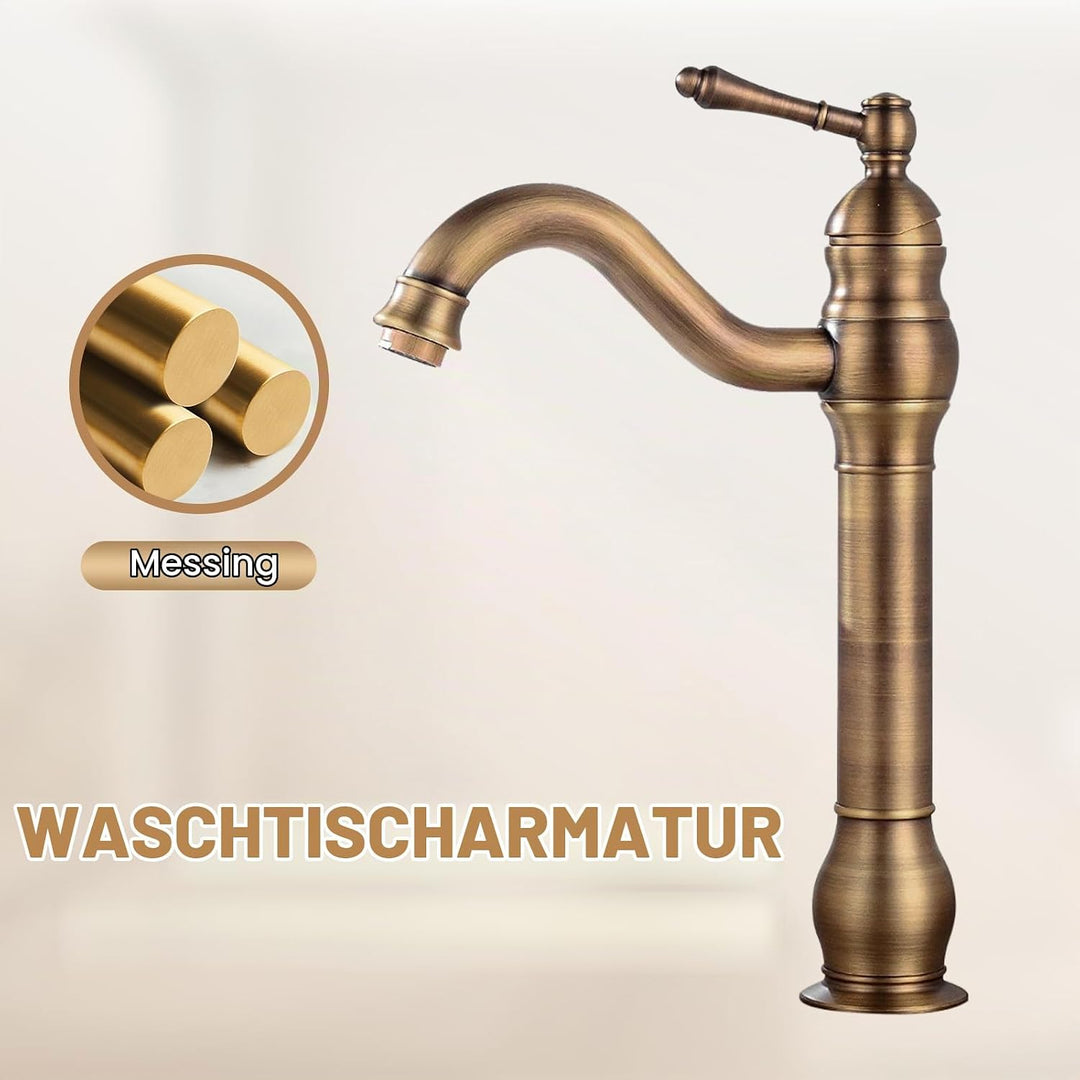 Badezimmer Waschbecken Mischer Hahn, reiner Kupfer Griff Einzel Loch Retro Badezimmer Hahn (Antik) A