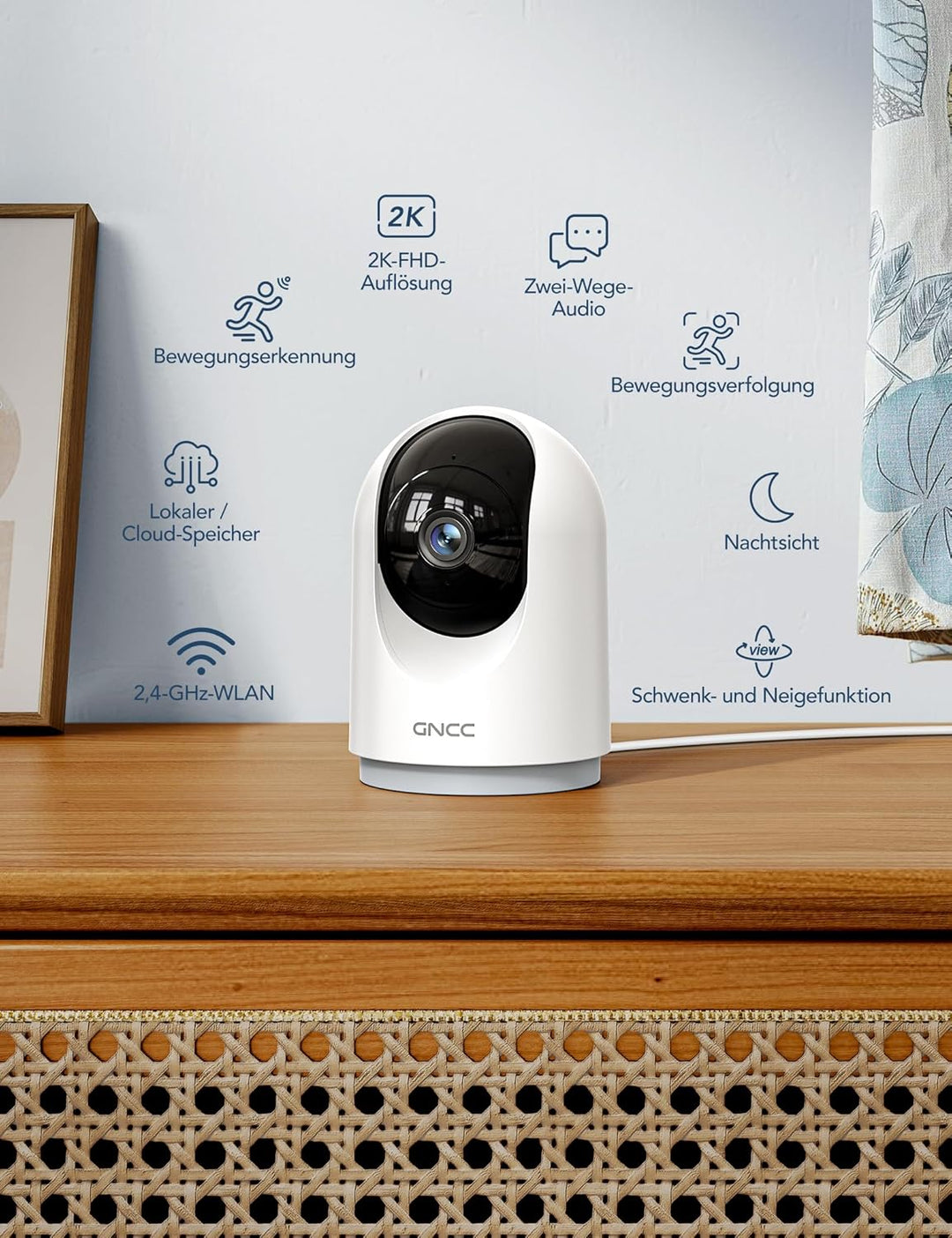 GNCC Überwachungskamera Innen - 2K Kamera Überwachung Innen, 360° WLAN Kamera Indoor mit Nachtsicht,