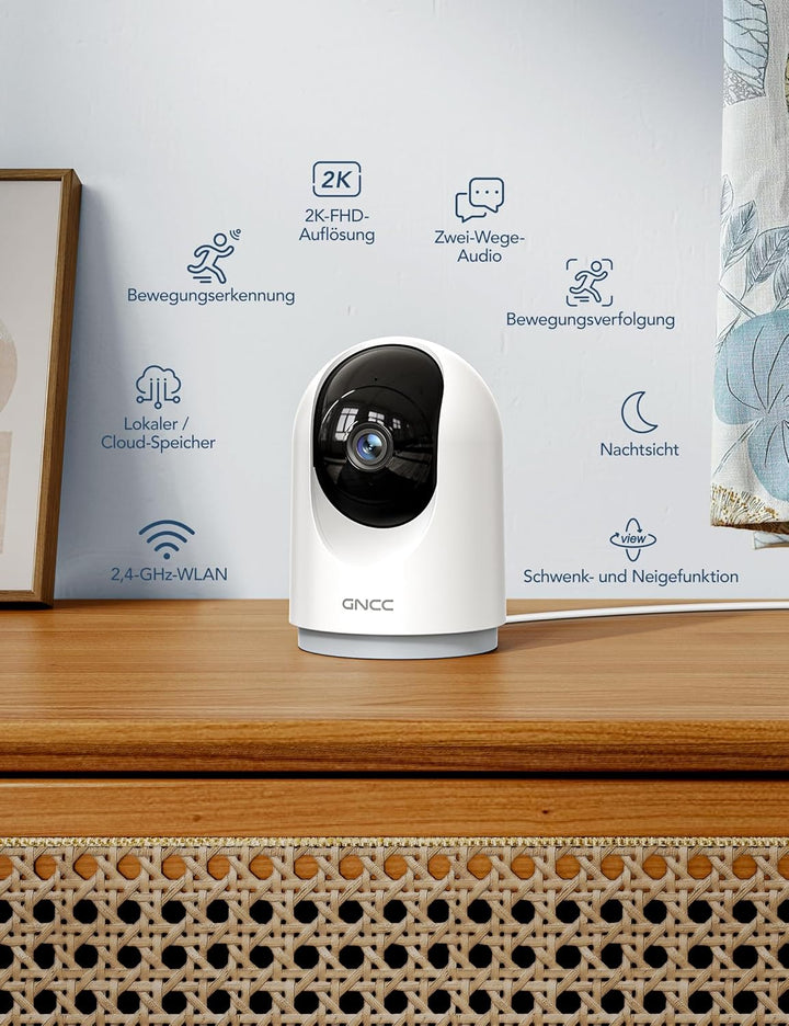 GNCC 2K Überwachungskamera Innen - 360° Kamera Überwachung Innen, WLAN Kamera Indoor mit Nachtsicht,