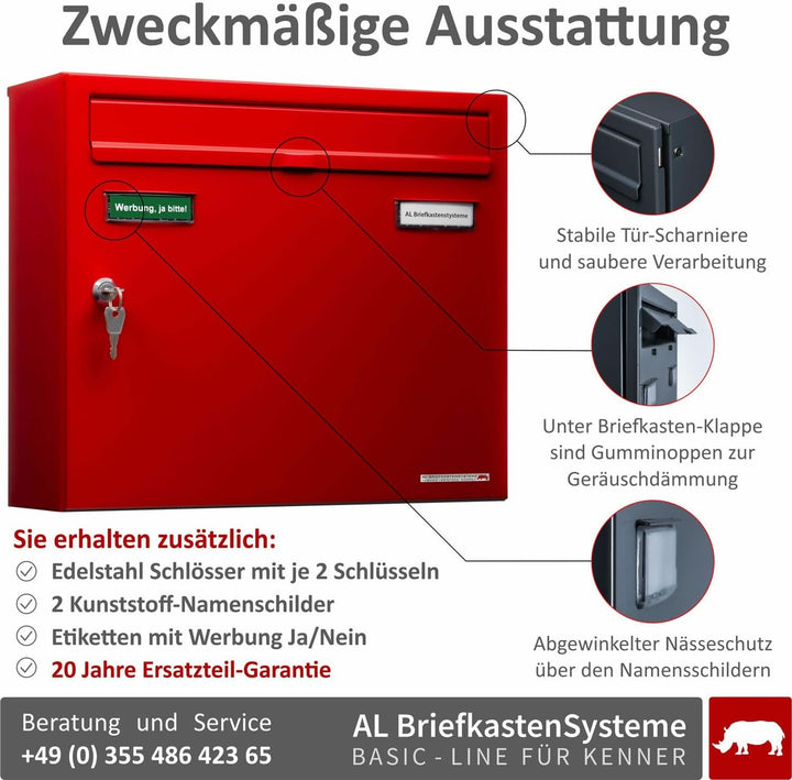 AL Briefkasten Systeme Basic 1er Briefkasten in RAL 3000 Feuerrot 1 Fach DIN A4 Postkasten wetterfes