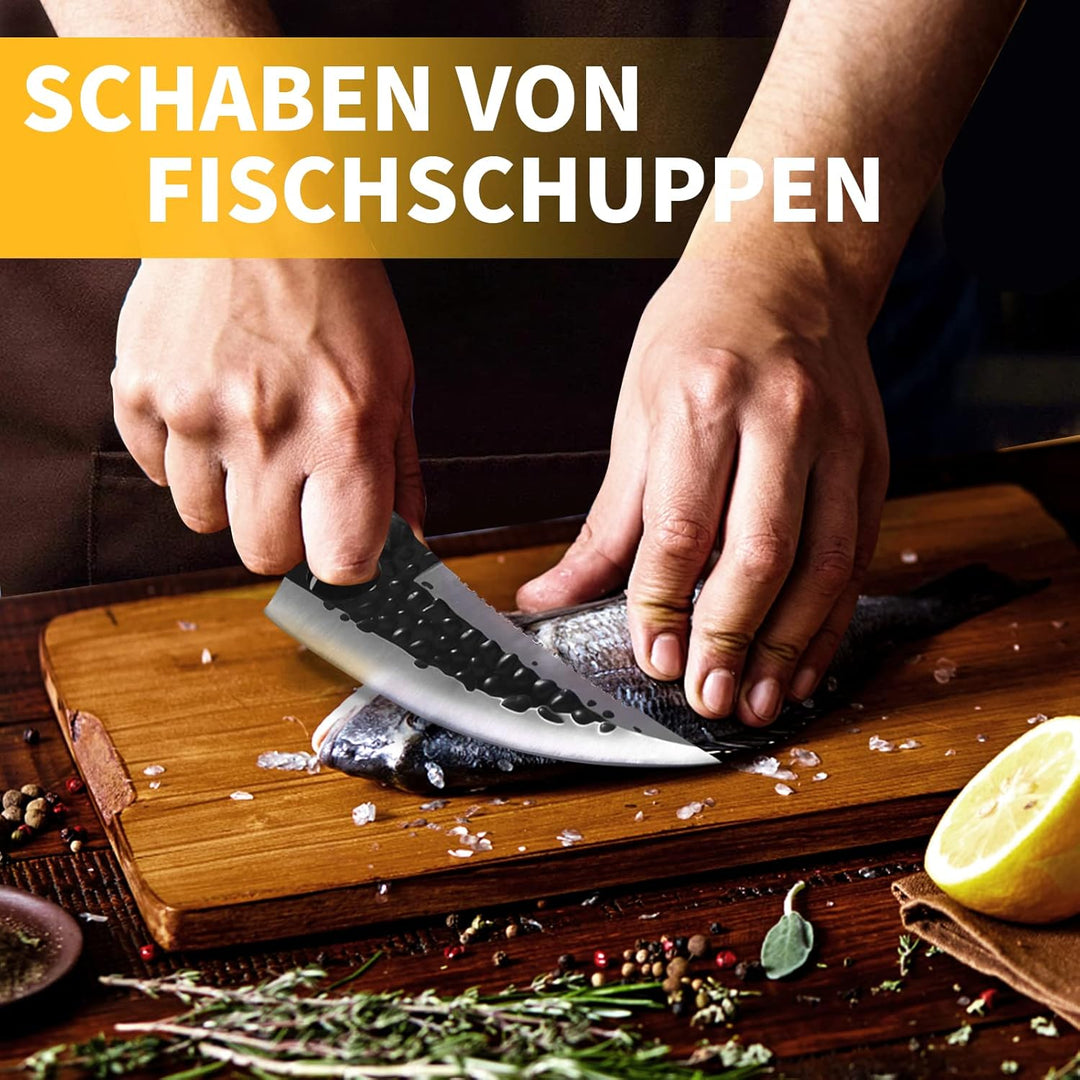 OOKUU Kochmesser Küchenmesser, Fleischerbeil Hackmesser mit Messerschärfer, Lederhülle, Ausbeinmesse