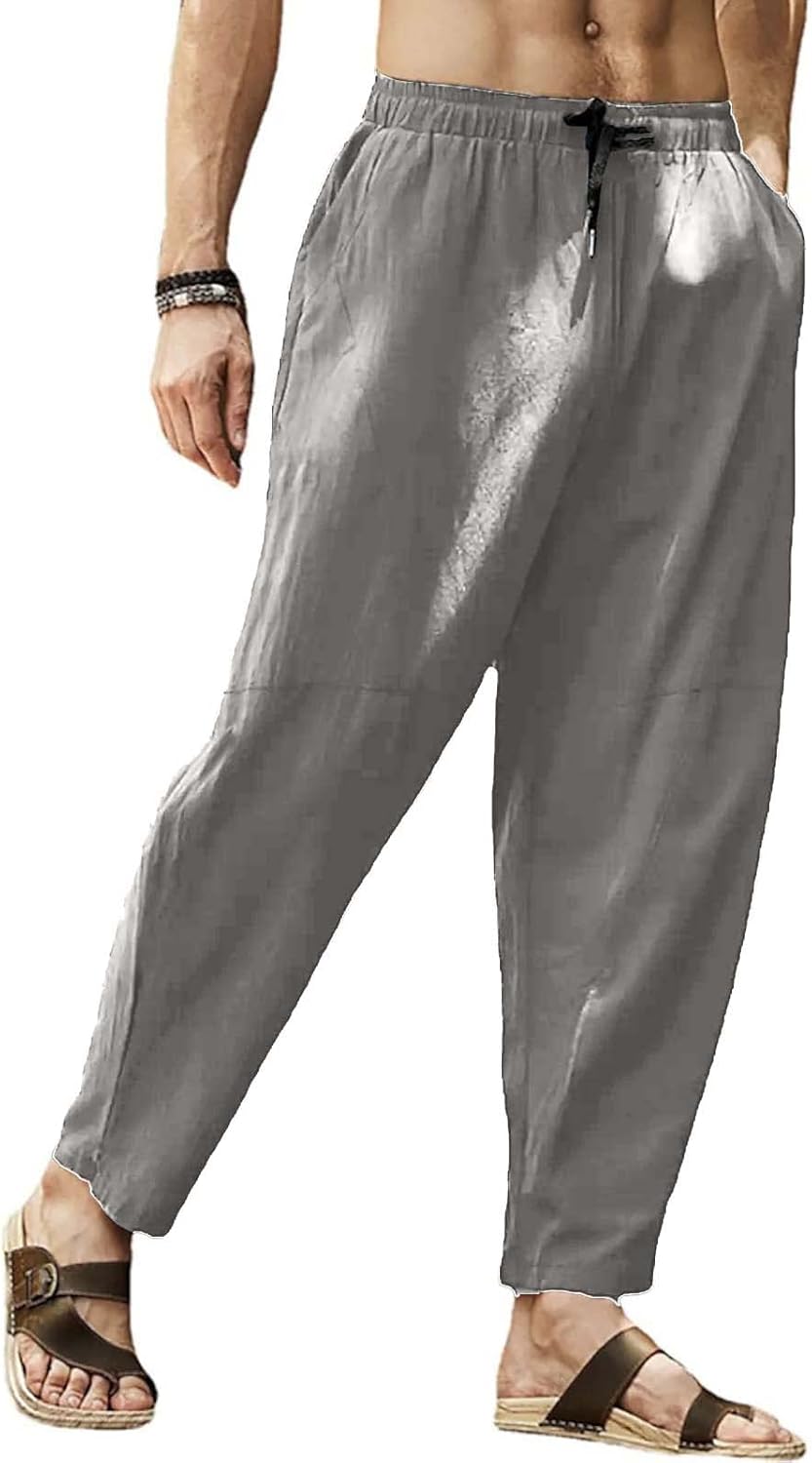 Leinenhose Herren Sommerhose Herren Leicht Yogahose Freizeithose mit Elastische Gürtel L Grau, L Gra