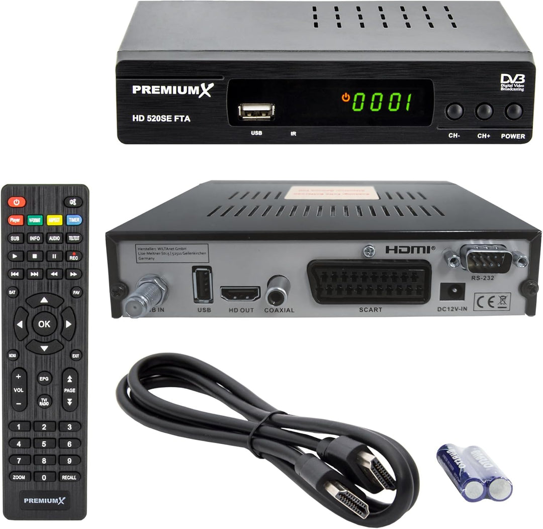 PremiumX Satelliten-Receiver HD 520SE FTA Digital SAT TV Receiver DVB-S2 FullHD HDMI SCART 2X USB Mu