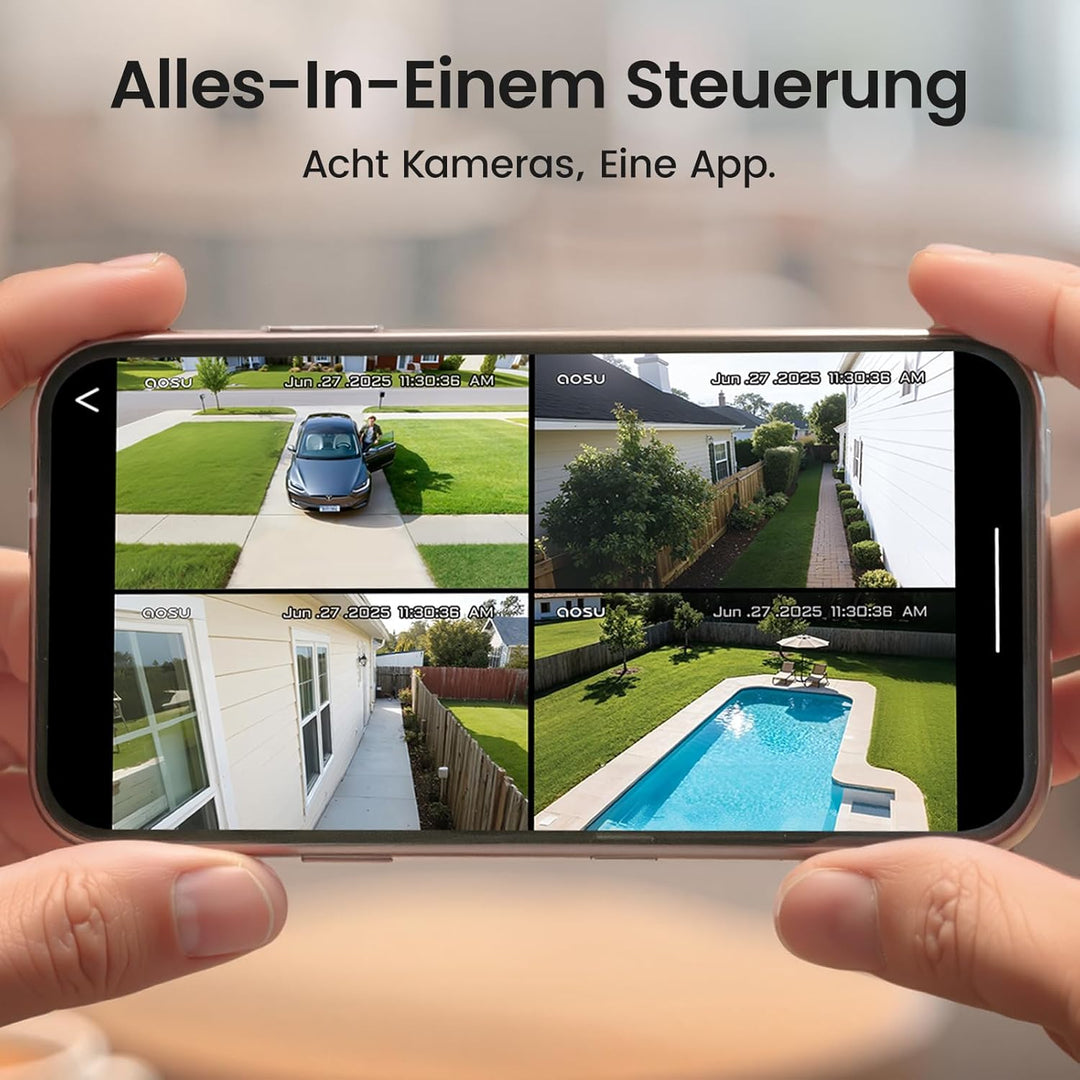 aosu 3K Überwachungskamera Aussen Solar Akku, 8 Cam-Kit &amp; aosuCortex, Kein ABO, 5MP UHD, 32GB Lokal