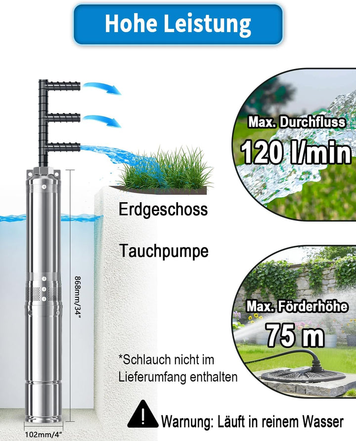 LANCHEZ Tiefbrunnenpumpe, 120 L/min Brunnenpumpe, (Max. Förderhöhe 75 M | IP68 | 230V/50Hz | mit 10M