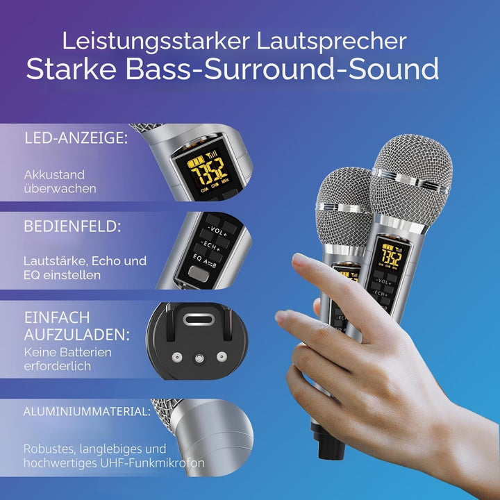 Tragbarer Karaoke Maschine,Karaoke mit 30W Bluetooth Lautsprecher,2 Kabellosen Karaoke-MikrofonWiede