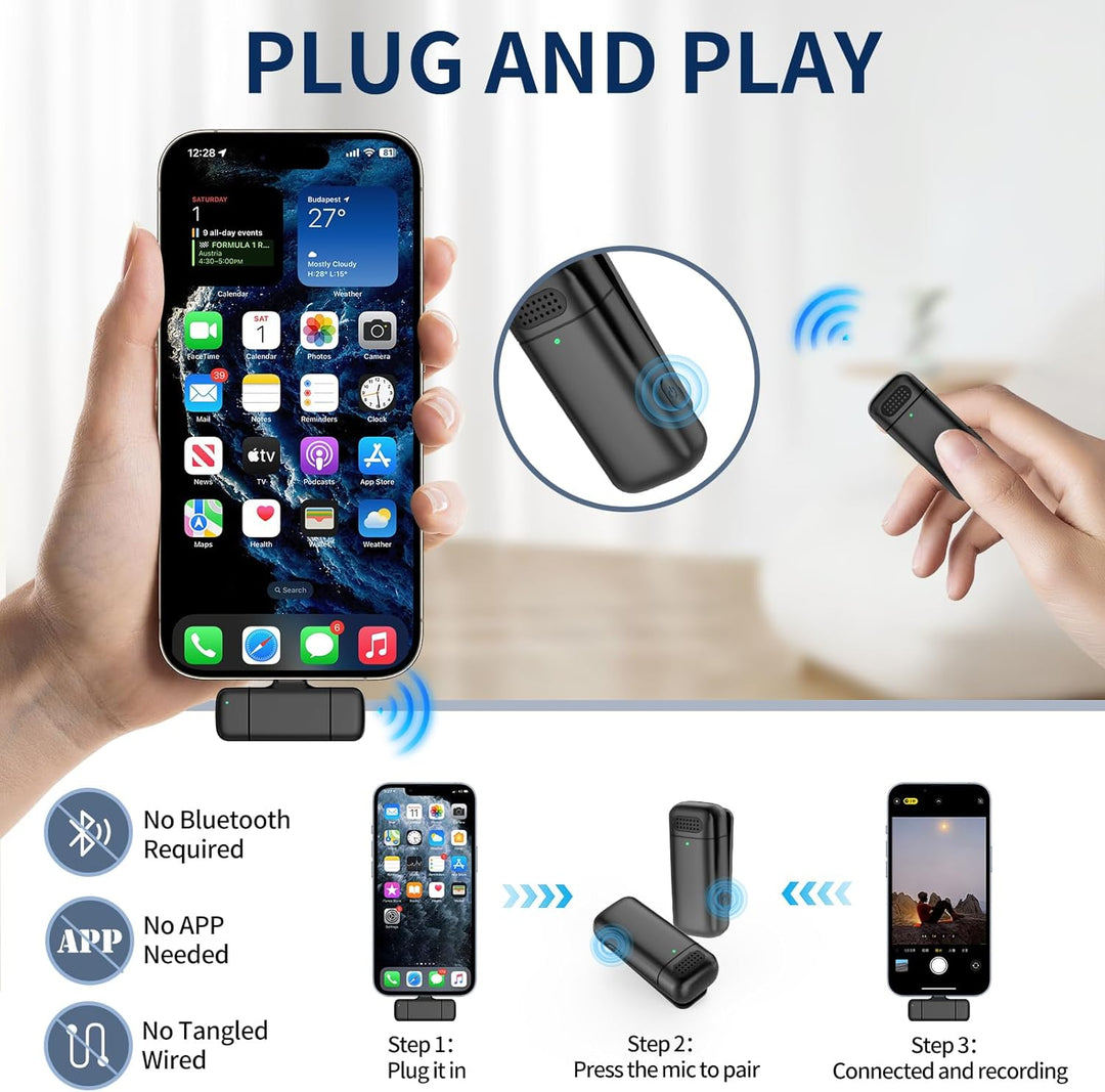 Kabelloses Mikrofon mit Ladehülle für iPhone, iPad, Android, USB-C Lavalier Mikrofon Rauschunterdrüc