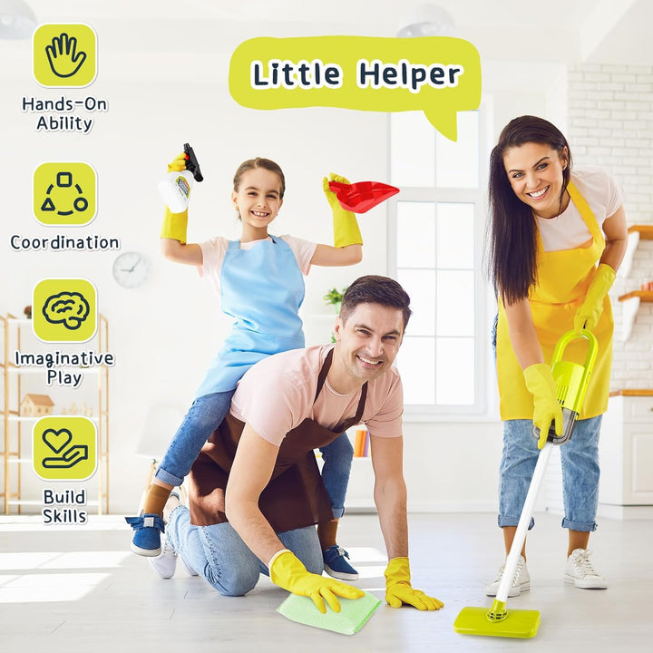 deAO Kinder Putzwagen ab 2 3 Jahre mit Wischmop, Eimer, Besen, Staubsauger, Bürsten, Kehrschaufel, H