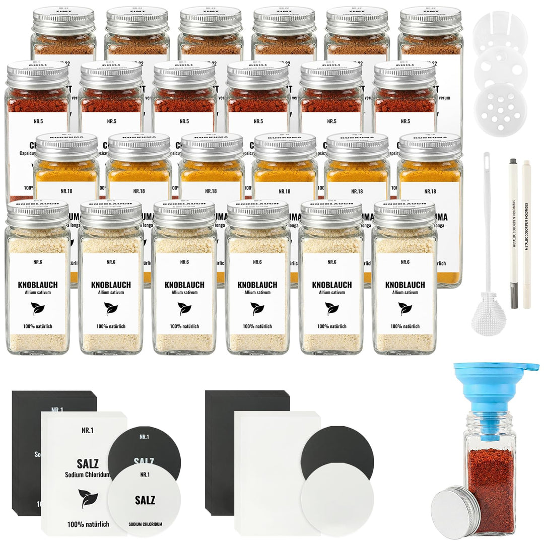 24pcs Gewürzgläser Eckig mit Aluminiumdeckel, 120ml Glasbehälter mit Streueinsatz, Luftdichte Gewürz