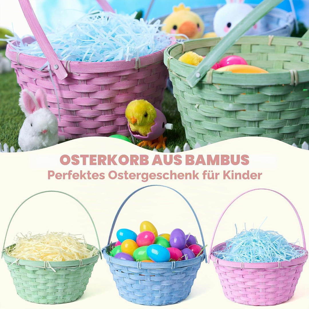 JOYIN 3 Stück Oster-Bambuskörbe, blau, rosa, grün, rund, gewebter Goodie-Korb mit klappbarem Griff,