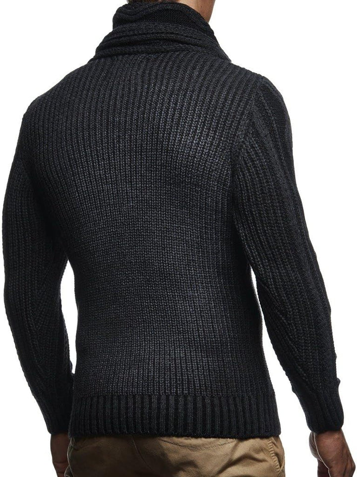 Leif Nelson Herren Strick-Pullover Schalkragen Slim Fit Winter Sommer Moderner Männer schwarzer Pull