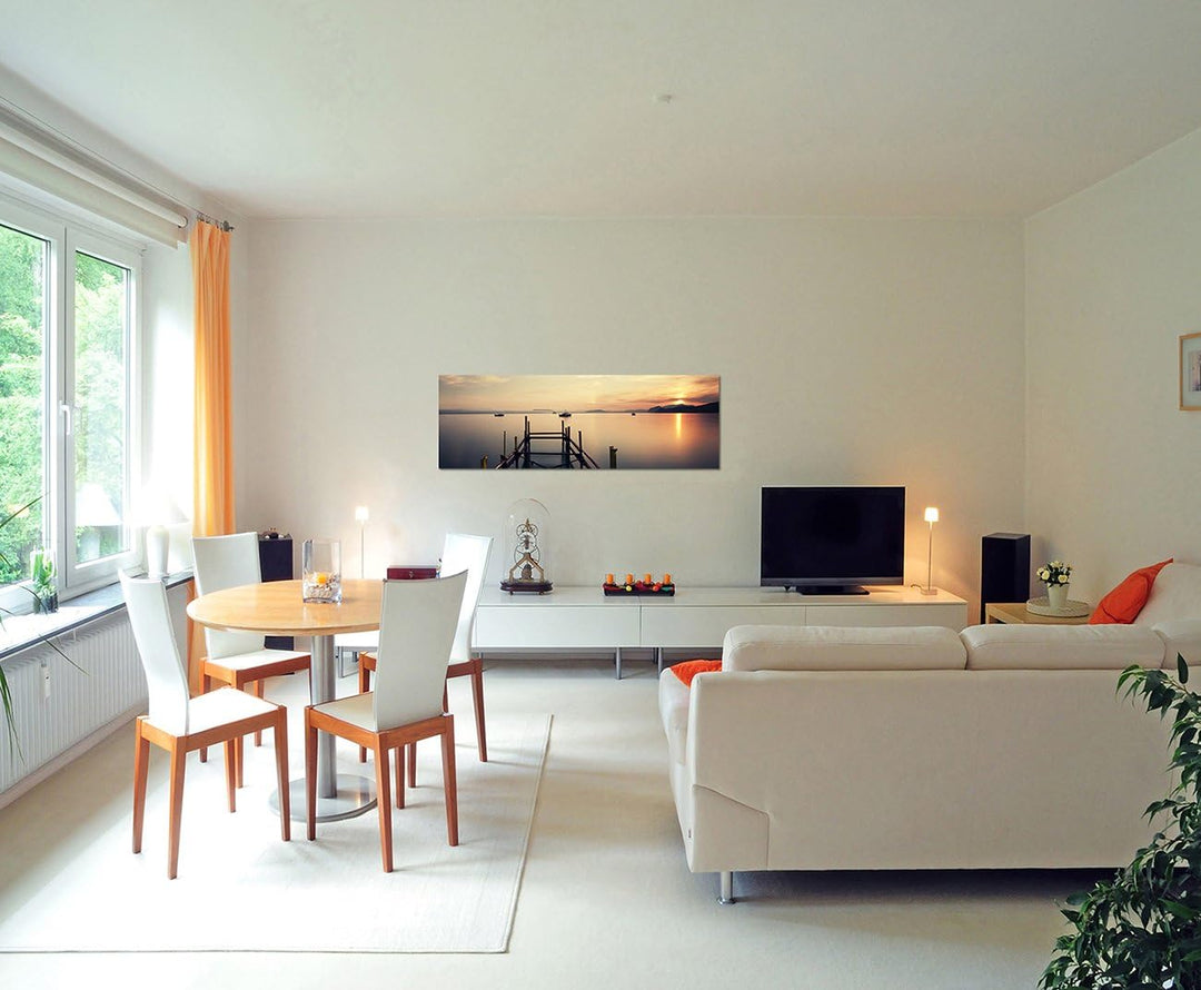 Paul Sinus Art Panoramabild auf Leinwand und Keilrahmen 150x50cm Meer Steg Holz Wolkenhimmel Sonne