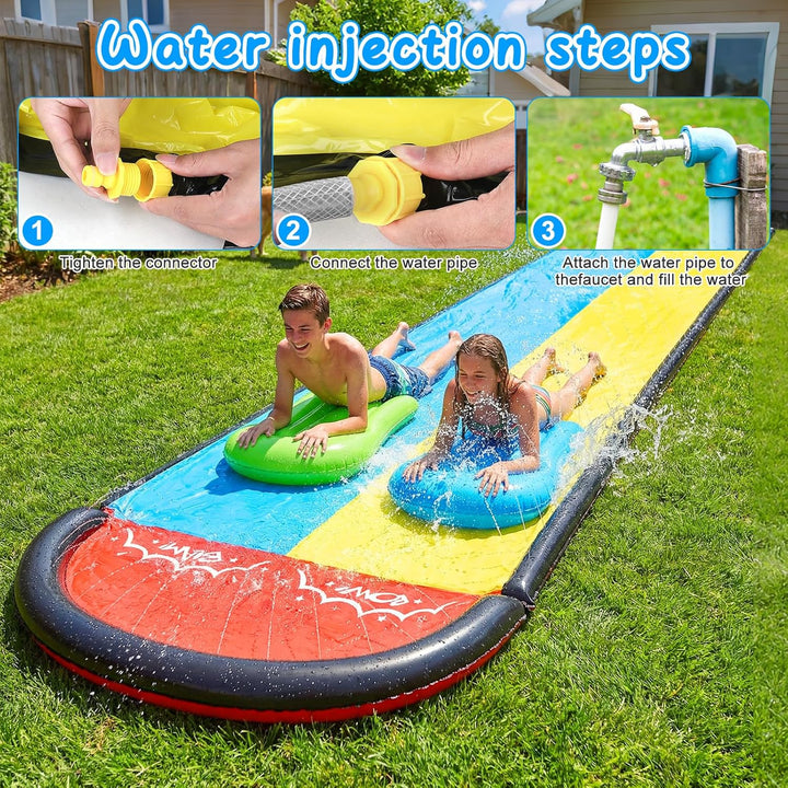 Mineup Wasserrutsche Garten, 480 x 140cm Wasserrutschmatte mit 2 Bodyboards, Doppelrutsche mit Einge