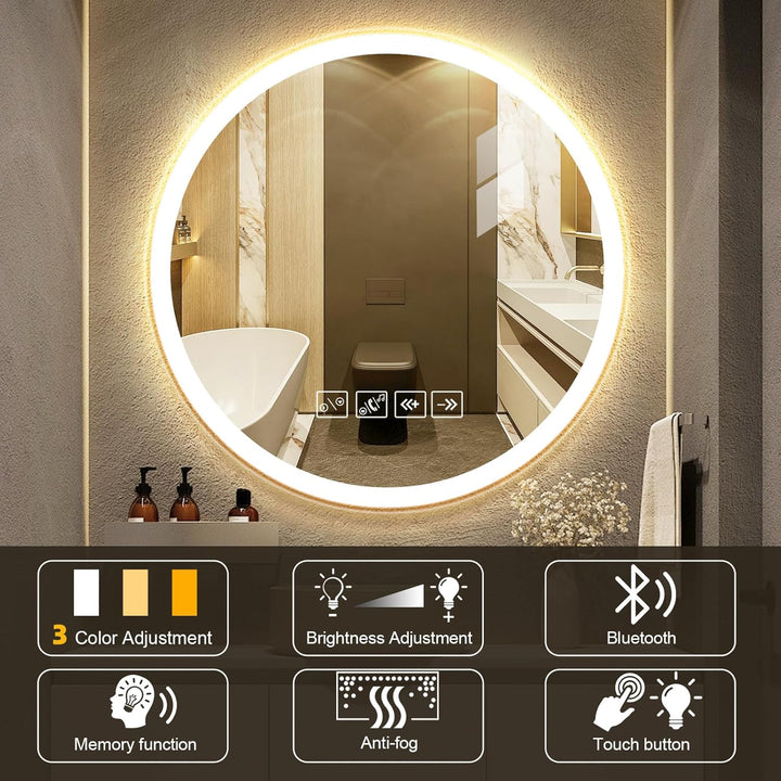 600mm Rund Badspiegel mit Beleuchtung und Musik Bluetooth 3 Lichtfarbe Dimmbar | Badezimmerspiegel A