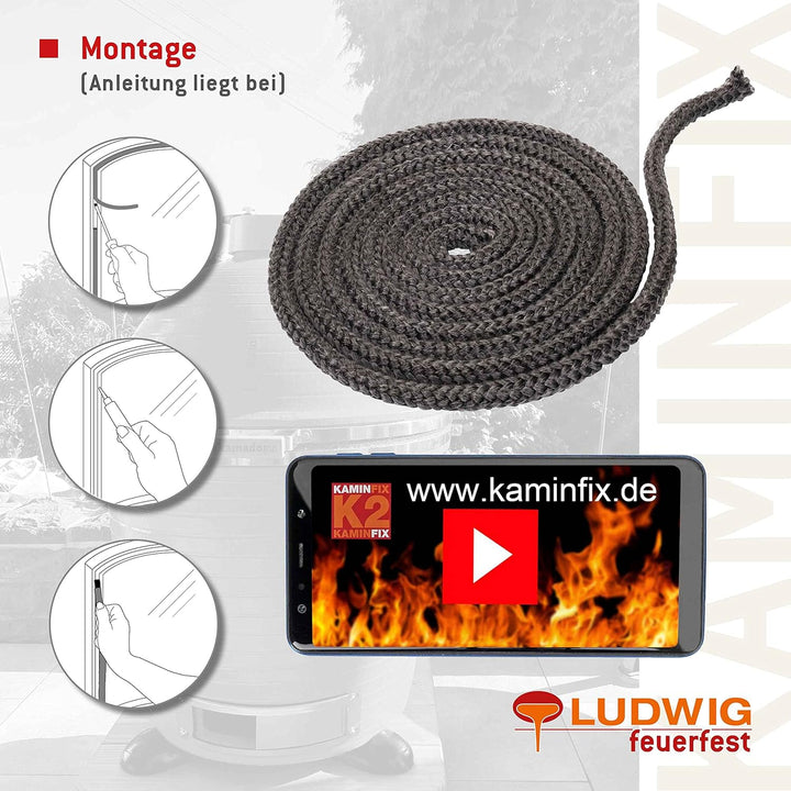 Ofendichtschnur inkl. Kleber, Kaminreparaturset in der Grösse: 10mm Glasgewebe 10mm