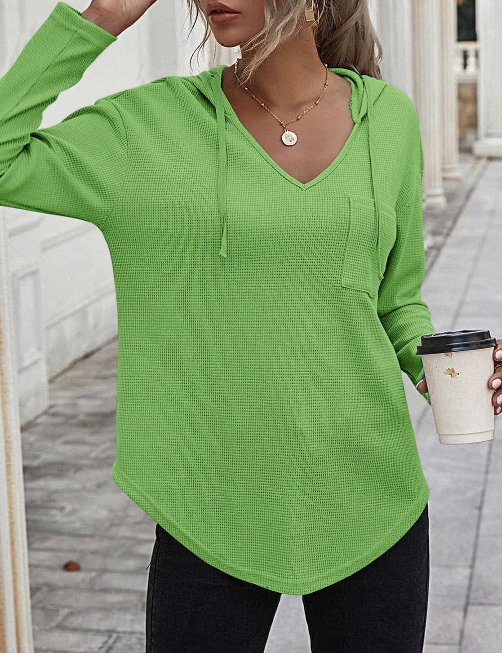 Cuptacc Pullover Damen Hoodie Langarm V Ausschnitt Pullover Sweatshirt Kapuzenpullover Einfarbig Dra