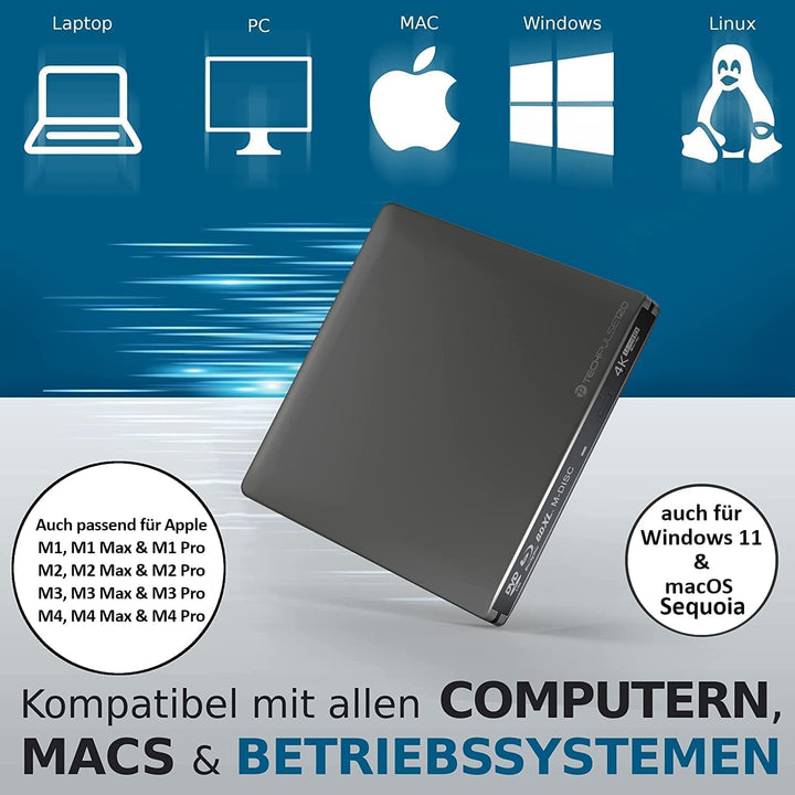 techPulse120 Externes UHD 4k 3D M-Disc BDXL USB 3.0 USB-C Laufwerk Blu-ray Brenner Burner Superdrive