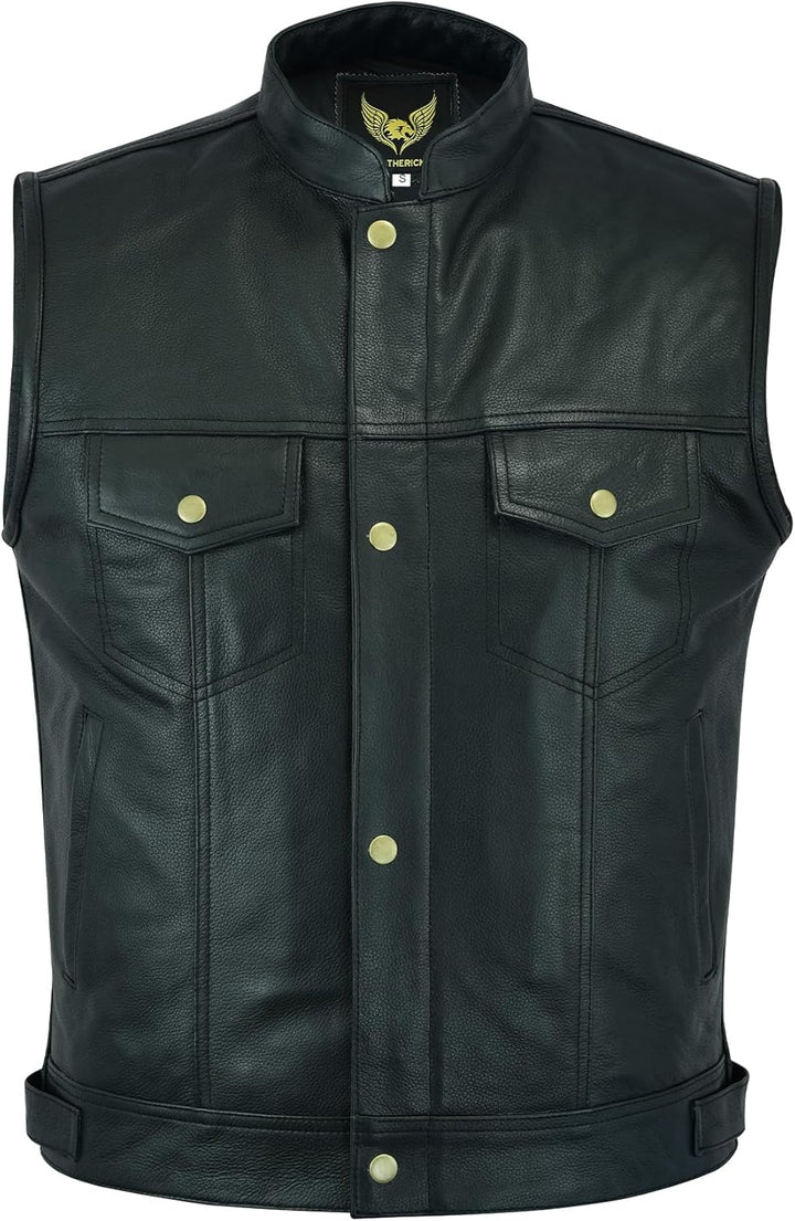 Leatherick Herren Biker Weste aus echtem Leder mit offenen Knöpfen für Reiten und modische Weste (XL