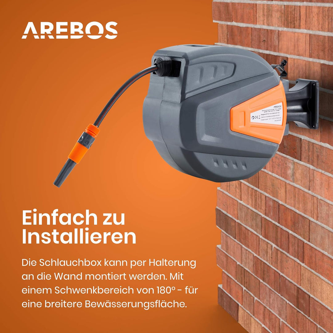 Arebos Schlauchaufroller | 30 m Schlauchtrommel | Wand-Schlauchbox mit Arretierstop & 9 Sprühunktion